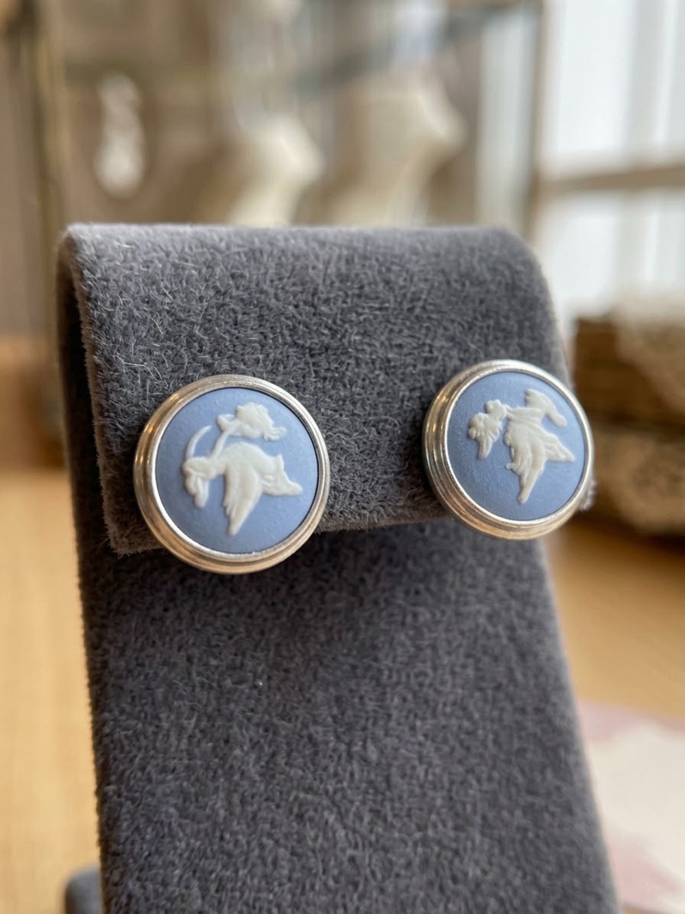 cameo Powder Blue Round Cameo Earrings with Silver Trim